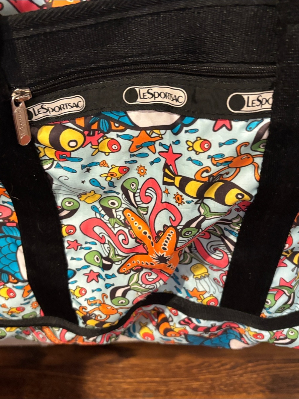 Lesportsac Multi-Color Ocean Motif Tote with Black Trim - Brand New